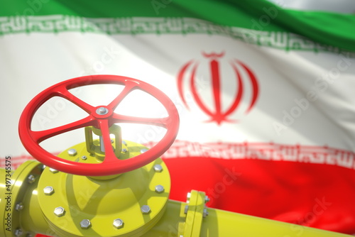 Waving flag of Iran and the gas or oil pipeline valve. Conceptual 3d rendering