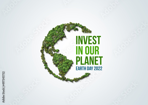 Invest in our planet. Earth day 2022 3d concept background. Ecology concept. Design with 3d globe map drawing and leaves isolated on white background.  photo