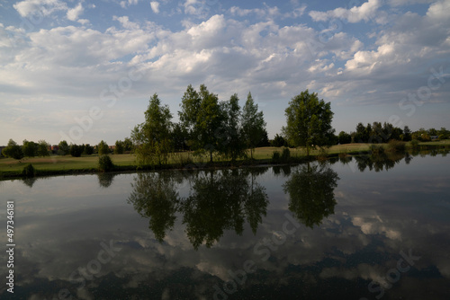 View of the lake and golf field. The pond, trees in the shoreline and fairway. Beautiful reflection of the trees and sky in the water surface.