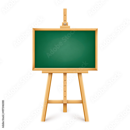 Realistic green chalkboard on wooden easel. Blank blackboard in wooden frame on a tripod. Presentation board, writing surface for text, drawing. Online studying, learning mockup. Vector illustration