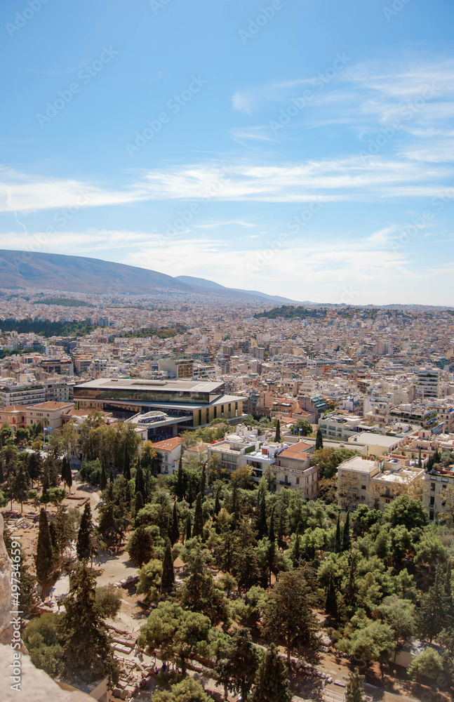 Top view of Athens city buildings and hills, Greece.