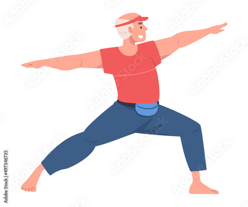 Senior Man Character Practicing Tai Chi and Qigong Exercise as Internal Chinese Martial Art Vector Illustration
