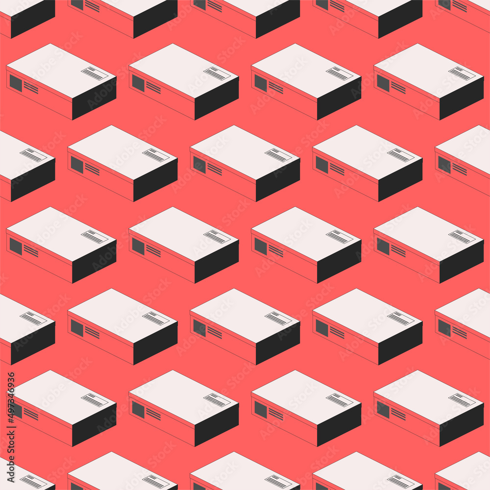 Seamless pattern of parcels boxes on a red background. Isometric vector illustration