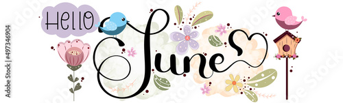 Hello June. JUNE month vector with flowers, birds and leaves. Decoration letters floral. Illustration month June	
