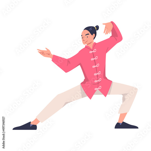 Man Character Practicing Tai Chi and Qigong Exercise as Internal Chinese Martial Art Vector Illustration