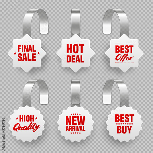 Supermarket promotional wobblers with ad text. Realistic vector wobbler template for shelf advertising. Sale or discount label. Special offer price tag. photo