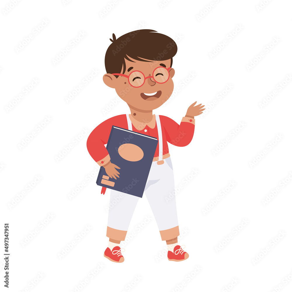 Little Boy with Book Standing and Talking to Somebody Engaged in Friendly Communication Vector Illustration Little Boy with Book Standing and Talking to Somebody Engaged in Friendly Communication Vector Illustration