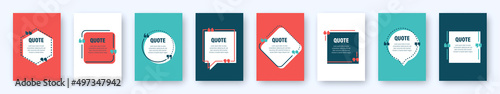 Set of colorful banners with quote frames. Speech bubbles with quotation marks. Blank text box and quotes. Blog post template. Vector illustration.