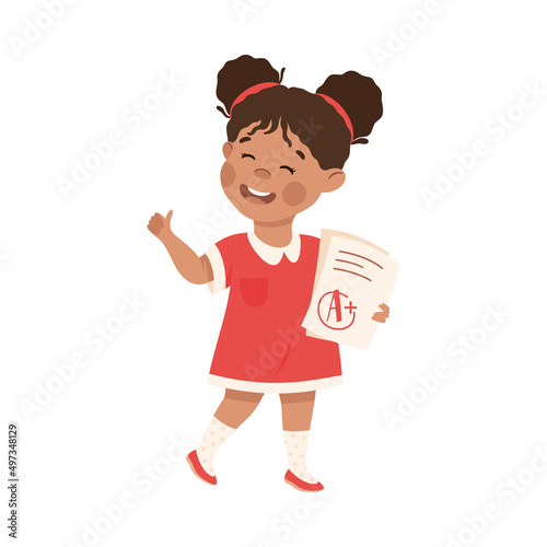 Little Girl Standing with School Mark and Talking to Somebody Engaged in Friendly Communication Vector Illustration