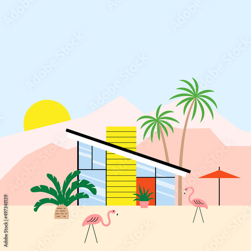 Mid century modern house with palm trees and plastic flamingo
