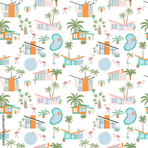Seamless pattern with mid century modern houses, palms and pools