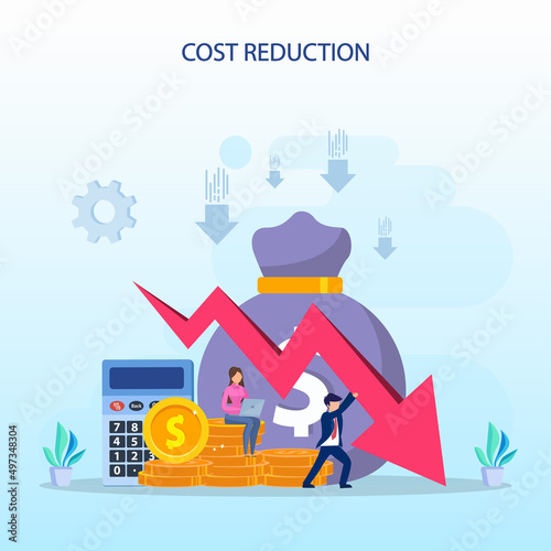 Cost reduction illustration concept with tiny people. Sales decline, crisis financial.