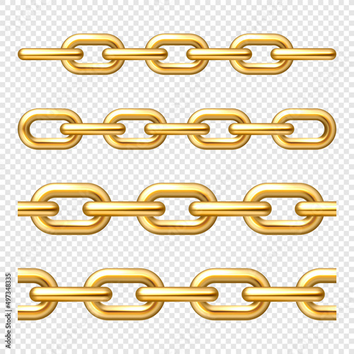 Realistic gold plated metal chain with golden links on checkered background. Vector illustration.