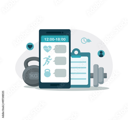 Mobile phone and Sports equipment. Online training concept.
