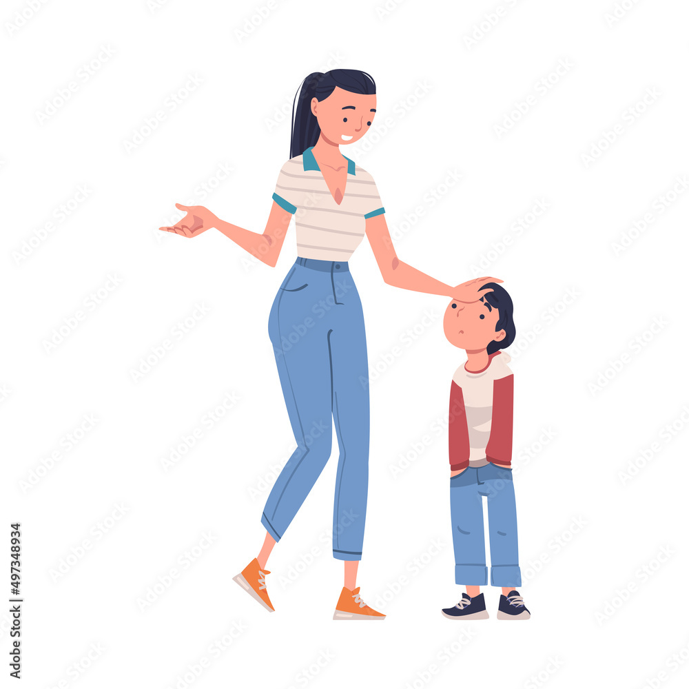 Mother Talking to Her Sad Son Supporting and Soothing Him Touching His Head Vector Illustration Mother Talking to Her Sad Son Supporting and Soothing Him Touching His Head Vector Illustration