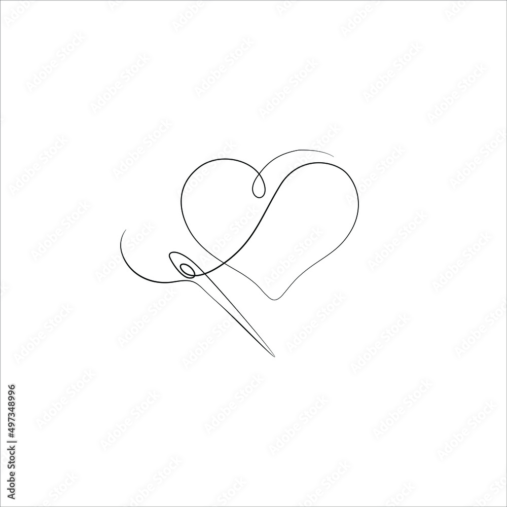 Heart and needle, sewing, greeting card, continuous line drawing, small tattoo, print for clothes and logo design, heart isolated abstract vector illustration. Heart and needle, sewing, greeting card, continuous line drawing, small tattoo, print for clothes and logo design, heart isolated abstract vector illustration.