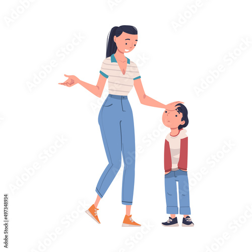 Mother Talking to Her Sad Son Supporting and Soothing Him Touching His Head Vector Illustration