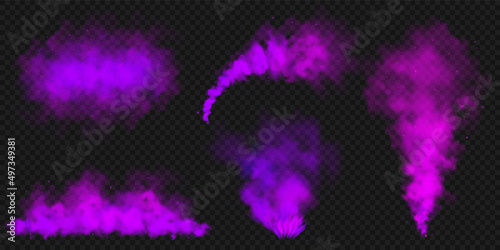 Realistic purple colorful smoke clouds, mist effect. Colored fog on dark background. Vapor in air, steam flow. Vector illustration.