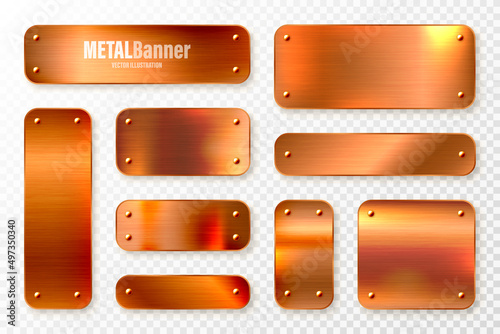 Realistic copper banners collection. Brushed stainless steel plate with rivets. Polished metal surface. Scratched industrial texture, metal background. Vector illustration.