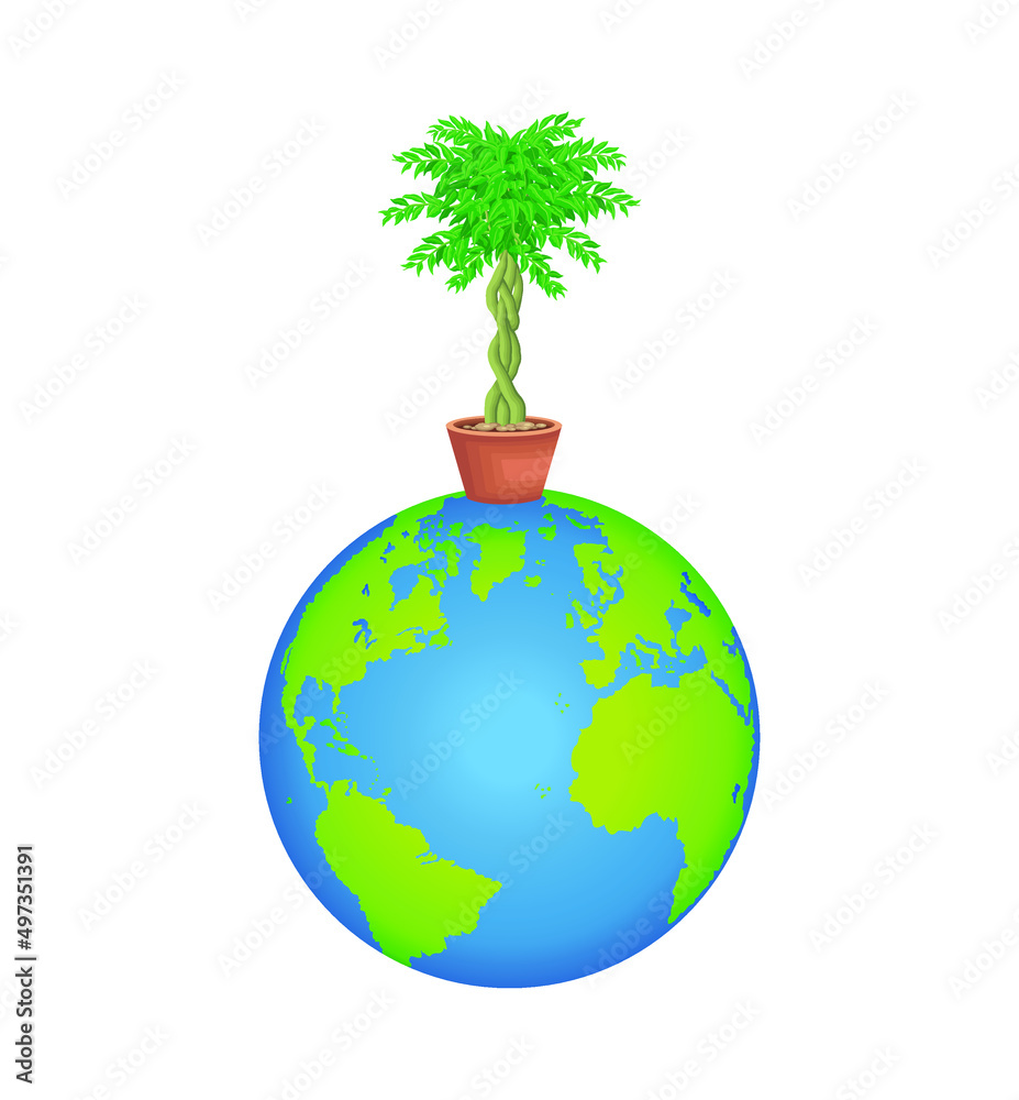 A green plant in pot growing on earth globe graphic vector illustration. A green plant in pot growing on earth globe graphic vector illustration.