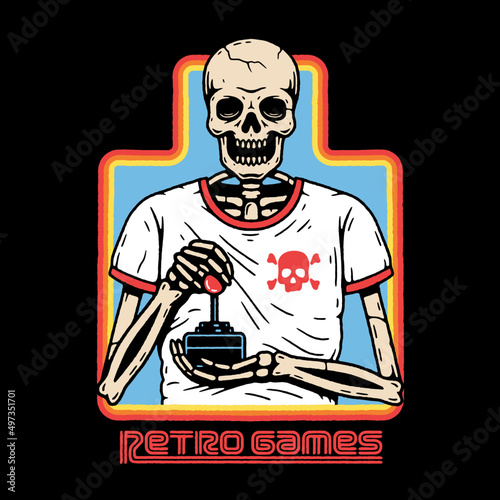 RETRO GAMES SKELETON WITH JOYSTICK COLOR BLACK BACKGROUND