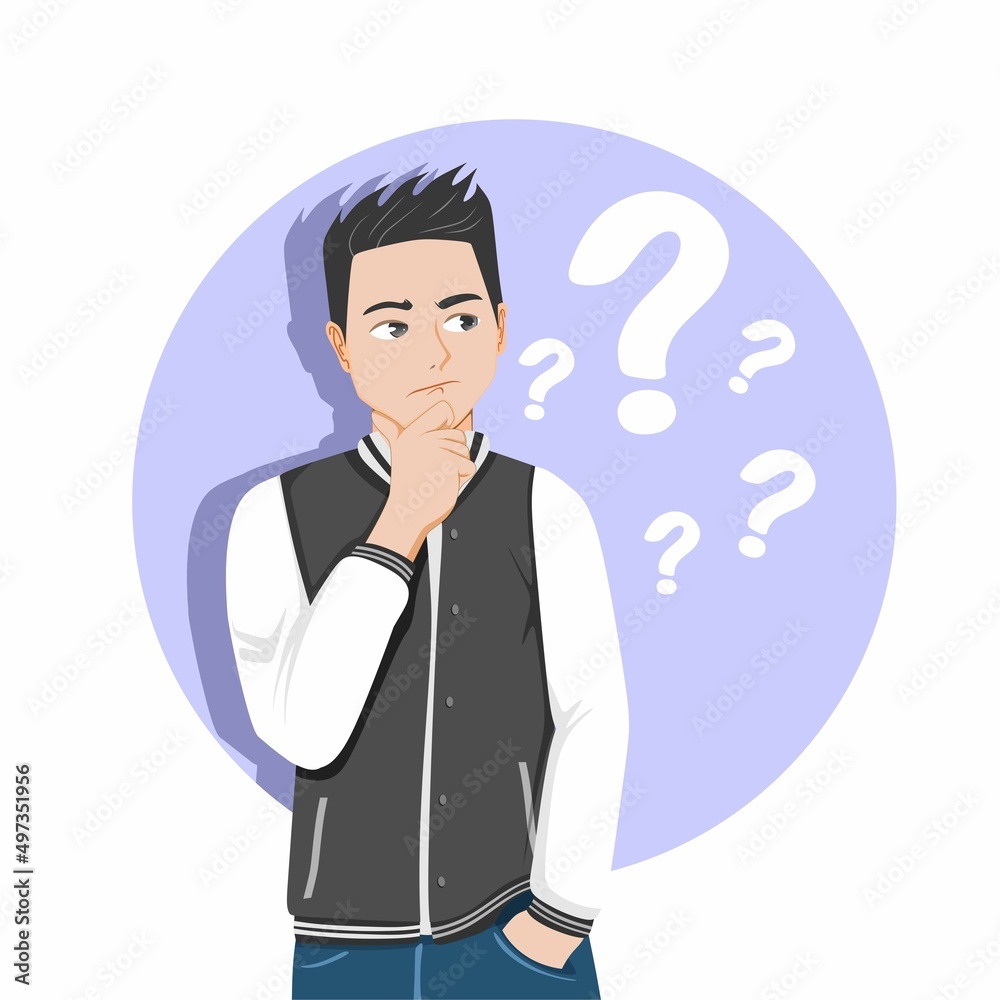 A person who doubts his choice. Vector image of a young man who is thinking about a question. Flat illustration. A person who doubts his choice. Vector image of a young man who is thinking about a question. Flat illustration.