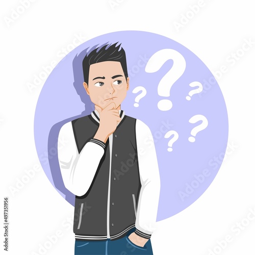 A person who doubts his choice. Vector image of a young man who is thinking about a question. Flat illustration. © soleh