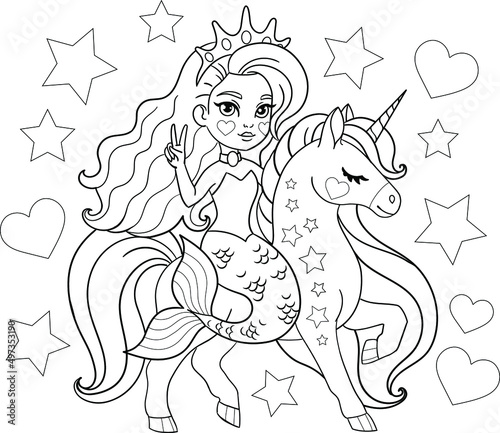 Mermaid riding cute unicorn. Vector outline for coloring page
