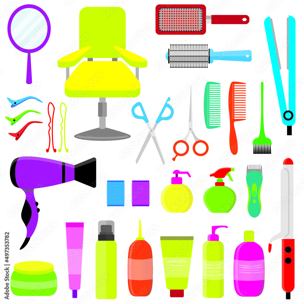 Colorful hair styling tools kit set isolated on white background. Accessories, shampoo, comb, hair curler, hairdryer, hair straightener, hairbrush, hairspray, mirror, hairpins ecc. Colorful hair styling tools kit set isolated on white background. Accessories, shampoo, comb, hair curler, hairdryer, hair straightener, hairbrush, hairspray, mirror, hairpins ecc.