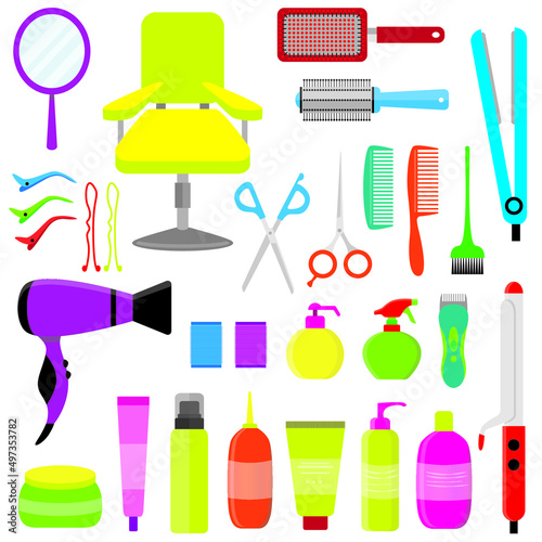 Colorful hair styling tools kit set isolated on white background. Accessories, shampoo, comb, hair curler, hairdryer, hair straightener, hairbrush, hairspray, mirror, hairpins ecc.	