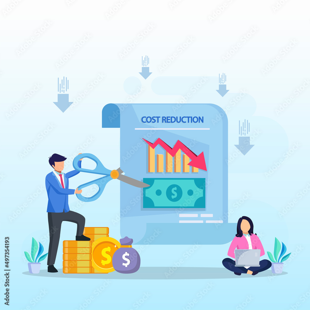 Cost reduction illustration concept with tiny people. Sales decline, crisis financial.