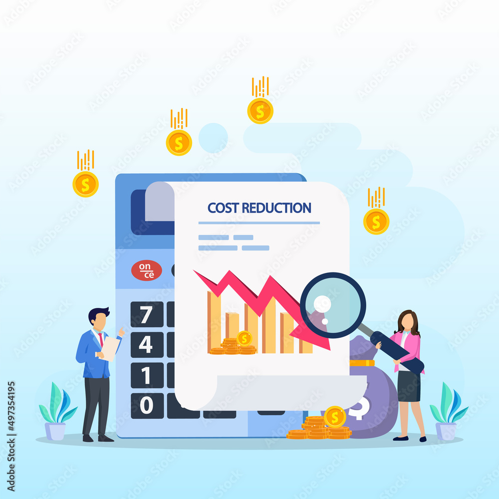 Cost reduction illustration concept with tiny people. Sales decline, crisis financial. Cost reduction illustration concept with tiny people. Sales decline, crisis financial.