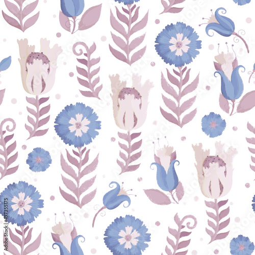 Seamless pattern with flowers. Raster illustration for packaging design, wrapper, scrapbooking or postcard. Watercolor blue and beige flowers on a light background. © E.Nolan