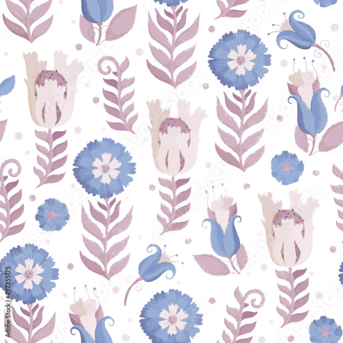 Seamless pattern with flowers. Raster illustration for packaging design  wrapper  scrapbooking or postcard. Watercolor blue and beige flowers on a light background.