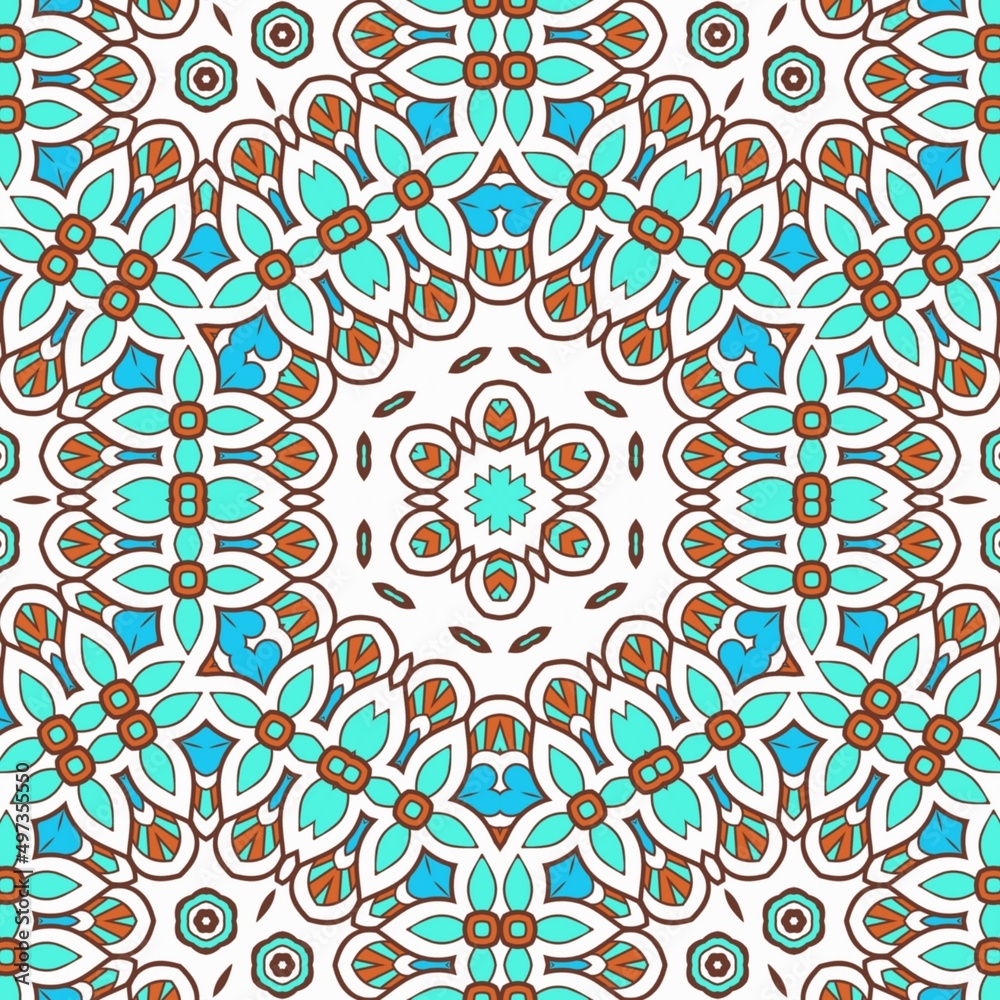 Abstract Pattern Mandala Flowers Art Colorful Blue Turquoise Brown 333