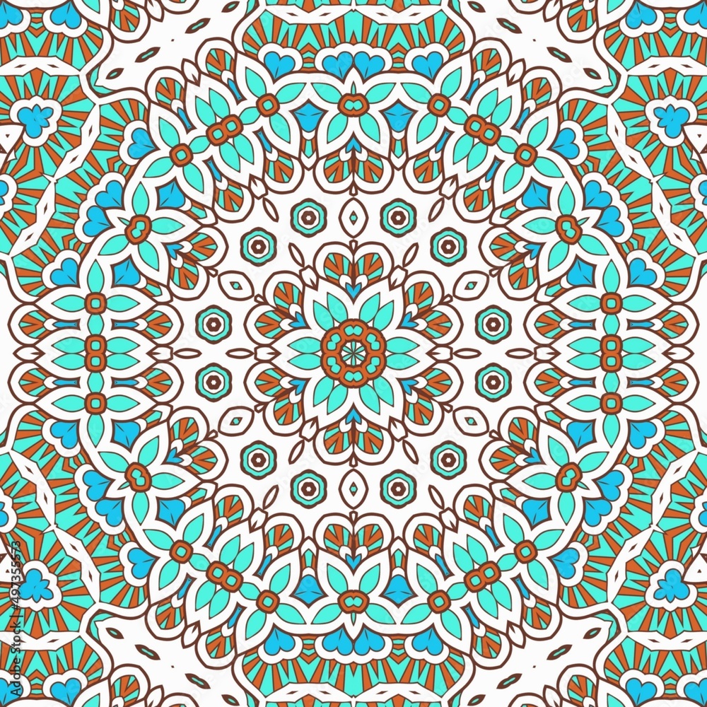 Abstract Pattern Mandala Flowers Art Colorful Blue Turquoise Brown 331
