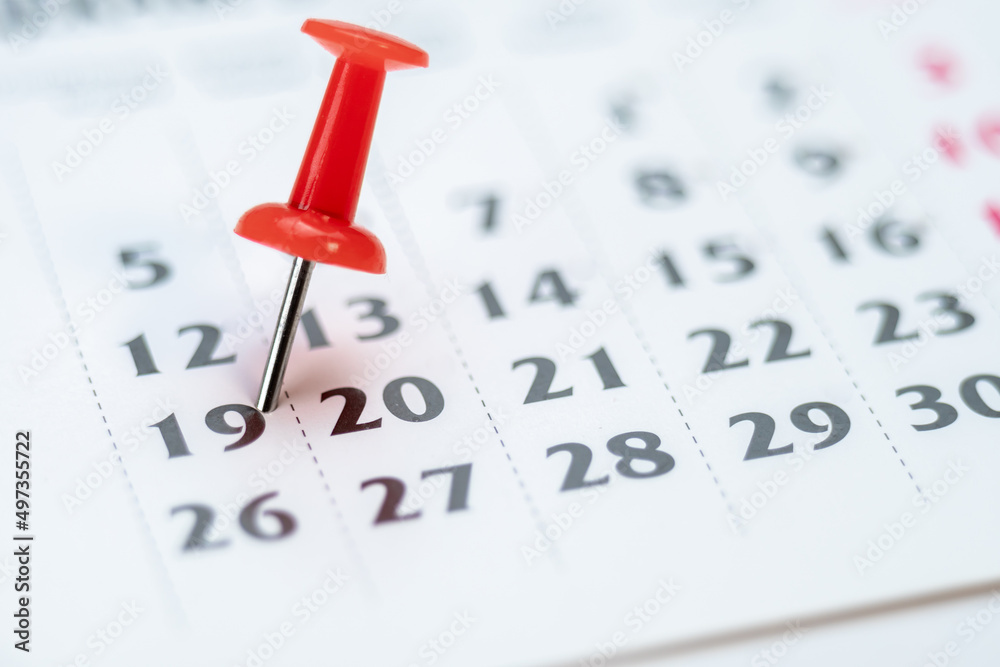 Red Push Pin On Calendar 19th Day Of The Month Mark The Event Day With