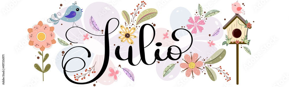 Hello July. JULY month vector with flowers and leaves. Decoration letters floral. Illustration month July - obrazy, fototapety, plakaty 