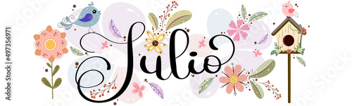 Hello July. JULY month vector with flowers and leaves. Decoration letters floral. Illustration month July