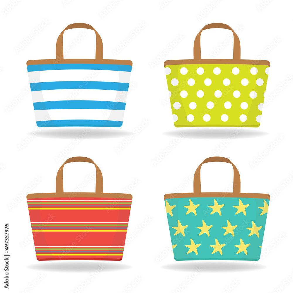 Beach bag set. Isolated on white background. Flat design. Vector illustration