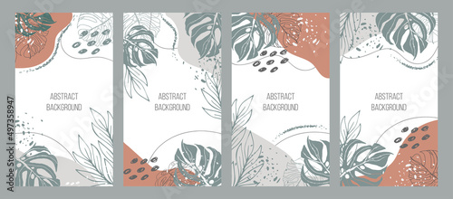 Botanical set. Trendy abstraction editable template for social media stories, tropical leaves, green, orange, earthy colours. Vector illustration. Social media background design.