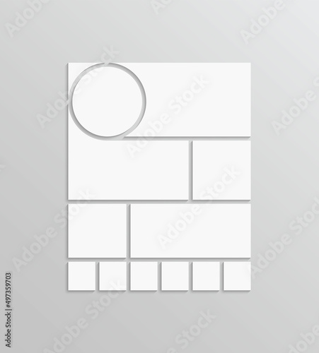 Moodboard template. Photo collage layout. Mood board grid. Mosaic pictures frame. Album gallery banner. Modern brandboard. Portfolio images isolated on background. Scrapbook mockup Vector illustration