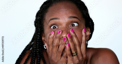 Tableau sur toile Neurotic nervous African american woman reacting with TERROR emotion