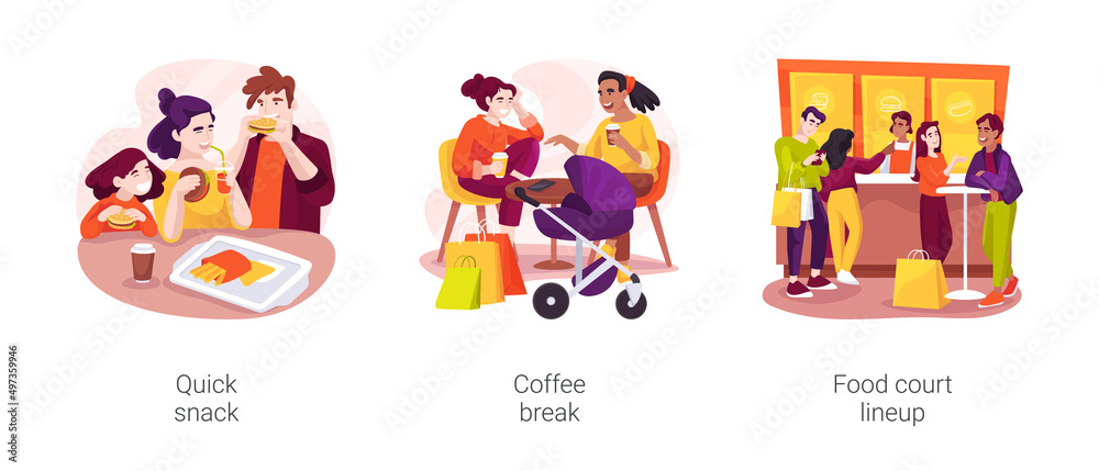 Time in shopping mall isolated cartoon vector illustration set