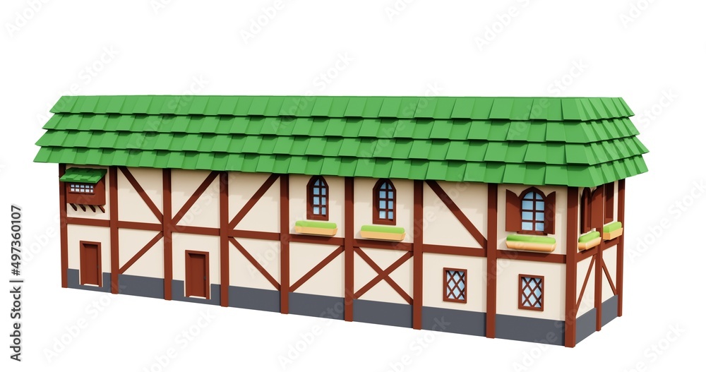 Medieval green roof 2-floor house 3d rendering. Fantasy building illustration. Perspective architecture. Medieval green roof 2-floor house 3d rendering. Fantasy building illustration. Perspective architecture.
