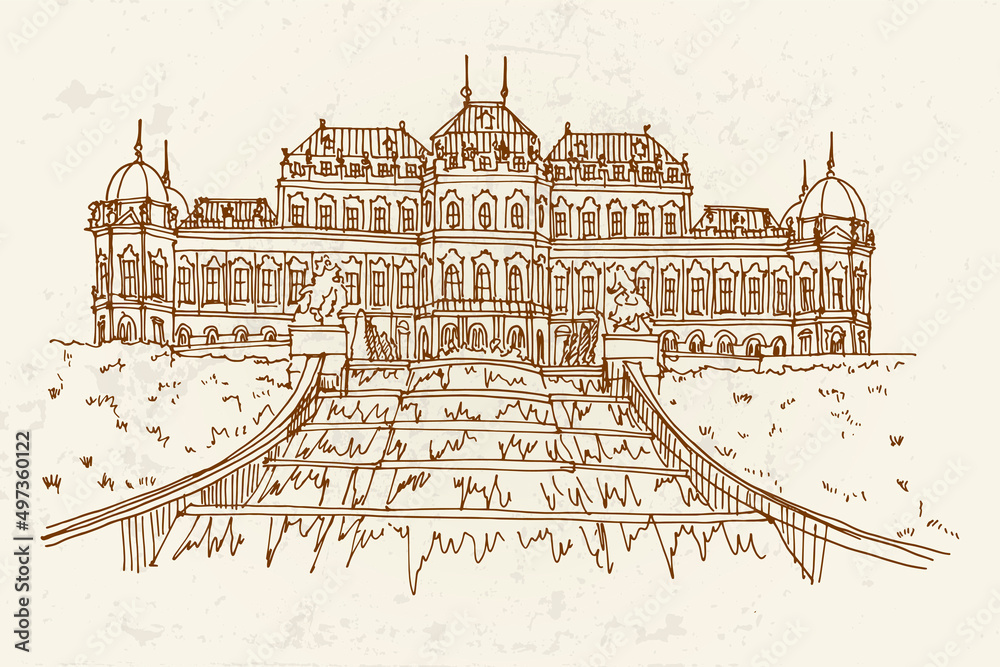 vector sketch of  Belvedere Palace in Vienna, Austria. Artistic retro style.