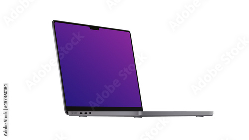 Laptop 2021 Mockup. Right side Diagonal view on the Model. Portable Gadget with Violet Screen on White Background. Vector illustration