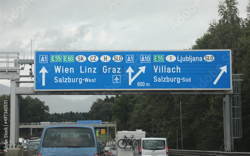 road sign in the highway with cars with directions to the city of Wien Linz  that towards the Austrian borders with other European nations photo