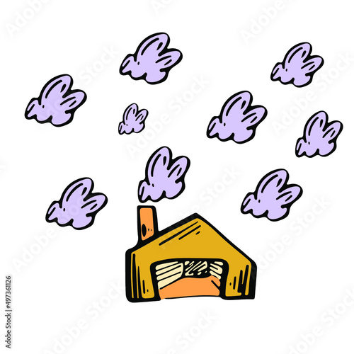 Farm rach house agricultural sketch vector icon. CLouds on rural countryside. Harvest scarcity concept, industry problems symbol. Hand drawn bio illustration isolated on white.