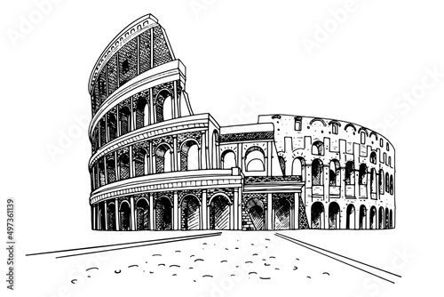 Vector sketch of The Coliseum or Flavian Amphitheatre, Rome, Italy.